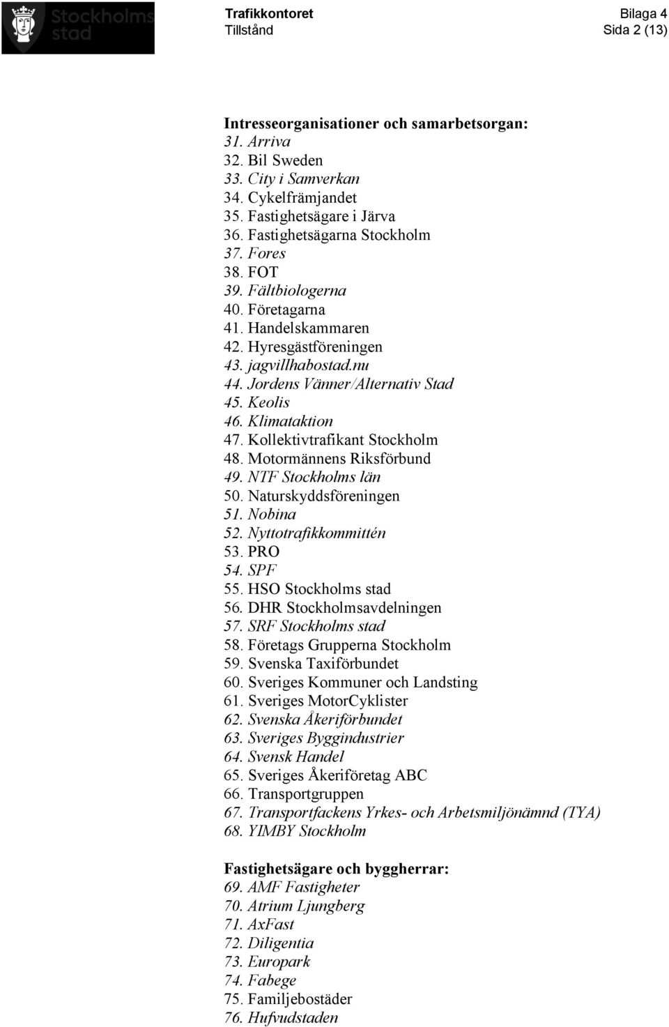 Kollektivtrafikant Stockholm 48. Motormännens Riksförbund 49. NTF Stockholms län 50. Naturskyddsföreningen 51. Nobina 52. Nyttotrafikkommittén 53. PRO 54. SPF 55. HSO Stockholms stad 56.