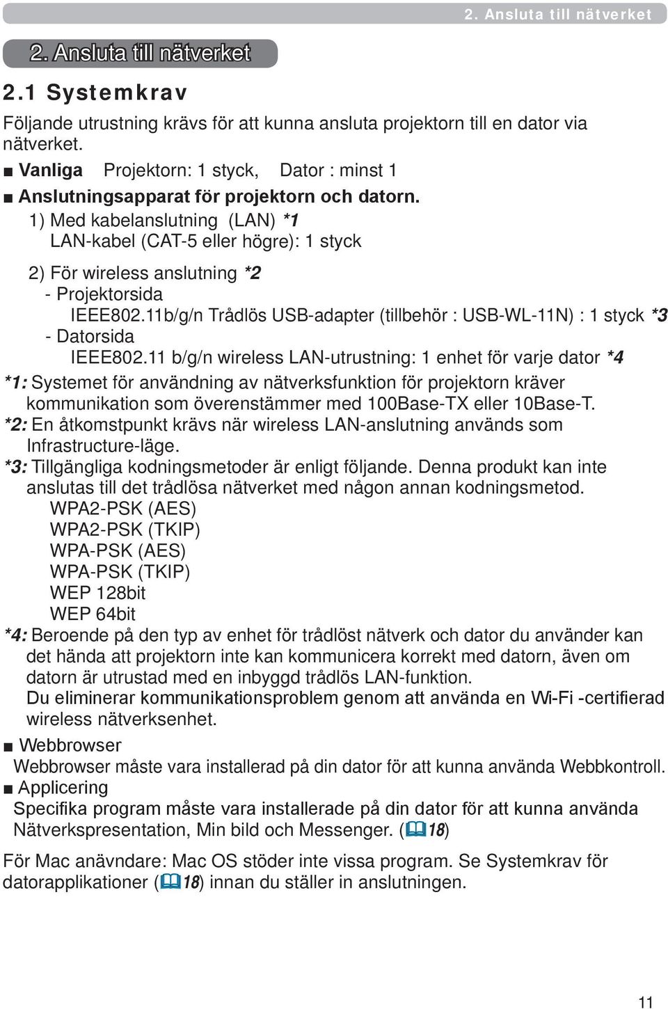 1) Med kabelanslutning (LAN) *1 LAN-kabel (CAT-5 eller högre): 1 styck 2) För wireless anslutning *2 - Projektorsida IEEE802.