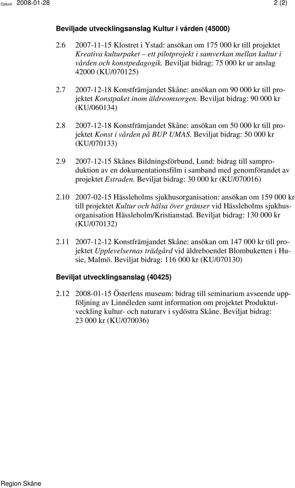 Beviljat bidrag: 75 000 kr ur anslag 42000 (KU/070125) 2.7 2007-12-18 Konstfrämjandet Skåne: ansökan om 90 000 kr till projektet Konstpaket inom äldreomsorgen.