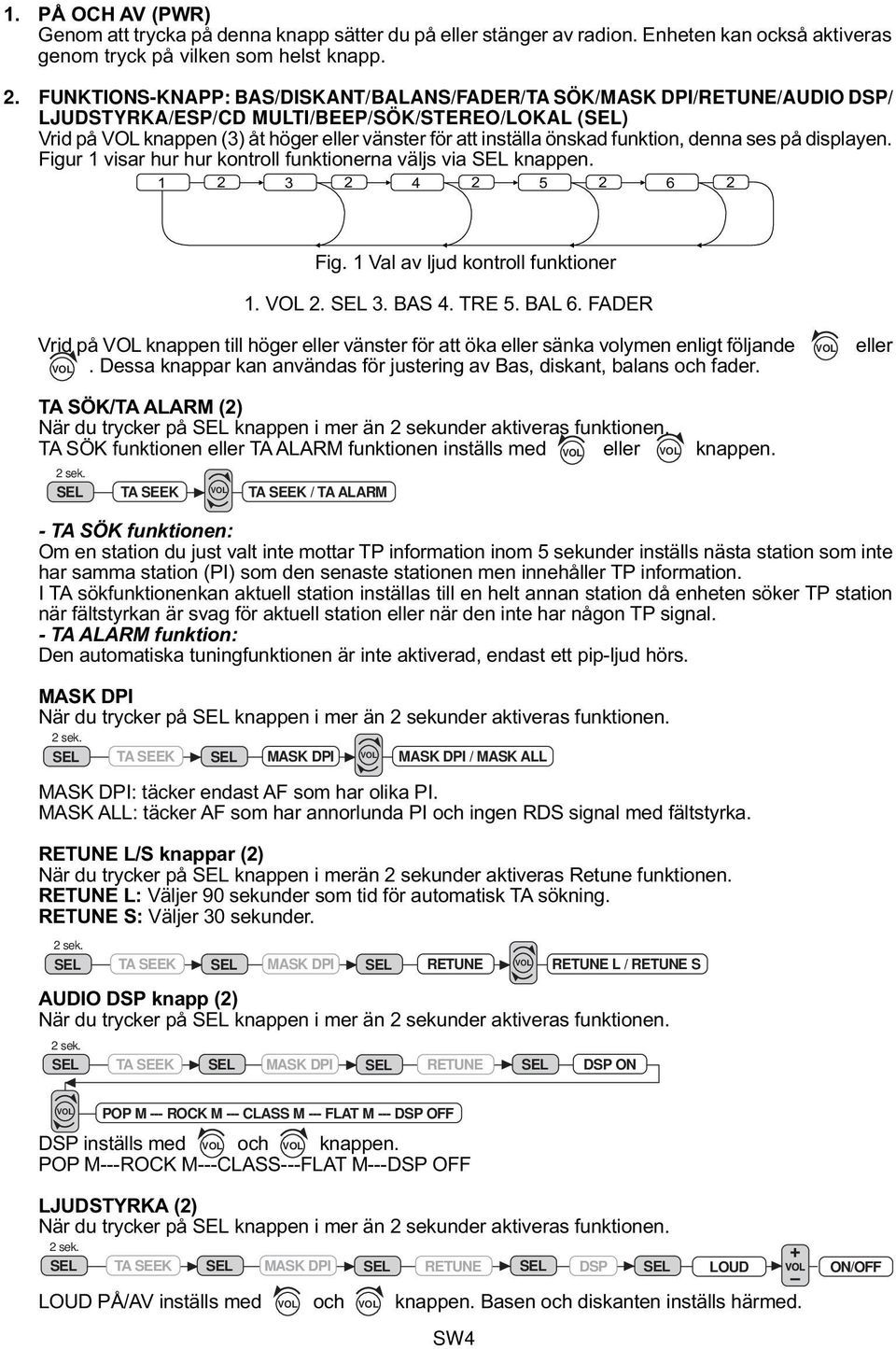 denna ses på displayen. Figur visar hur hur kontroll funktionerna väljs via knappen. 2 3 2 4 2 5 2 6 2 Fig. Val av ljud kontroll funktioner. 2. 3. BAS 4. TRE 5. BAL 6.