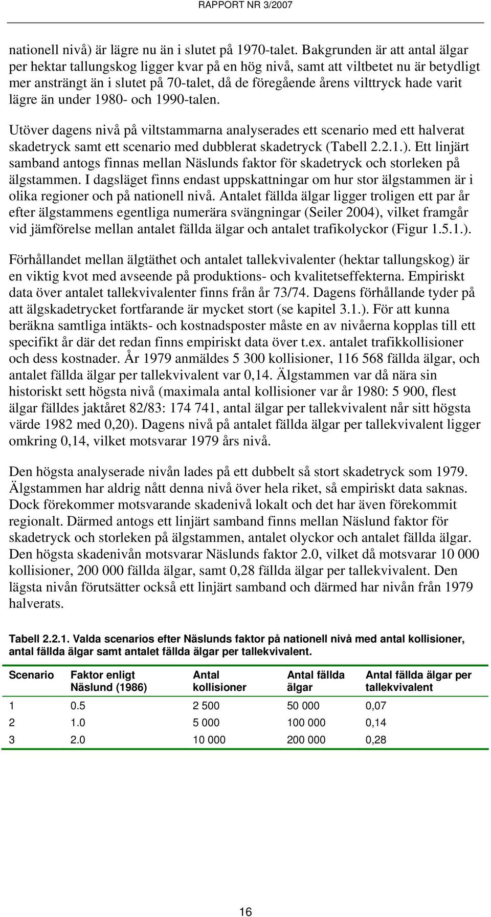 lägre än under 1980- och 1990-talen. Utöver dagens nivå på viltstammarna analyserades ett scenario med ett halverat skadetryck samt ett scenario med dubblerat skadetryck (Tabell 2.2.1.).