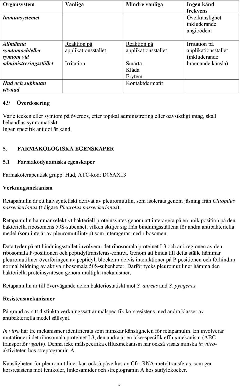 9 Överdosering Varje tecken eller symtom på överdos, efter topikal administrering eller oavsiktligt intag, skall behandlas symtomatiskt. Ingen specifik antidot är känd. 5. FARMAKOLOGISKA EGENSKAPER 5.