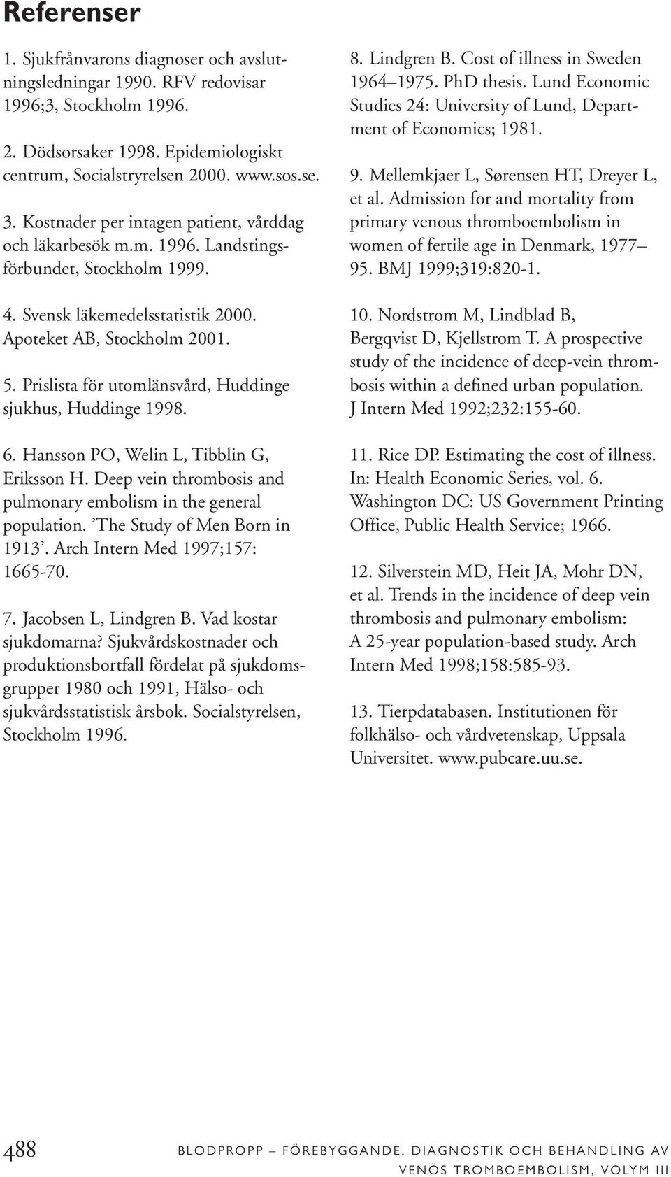 Prislista för utomlänsvård, Huddinge sjukhus, Huddinge 1998. 6. Hansson PO, Welin L, Tibblin G, Eriksson H. Deep vein thrombosis and pulmonary embolism in the general population.