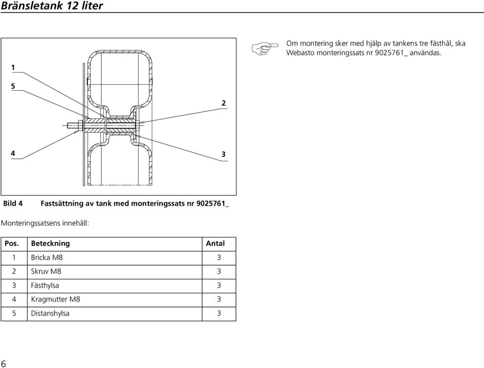 1 5 2 4 3 Bild 4 Fastsättning av tank med monteringssats nr 9025761_