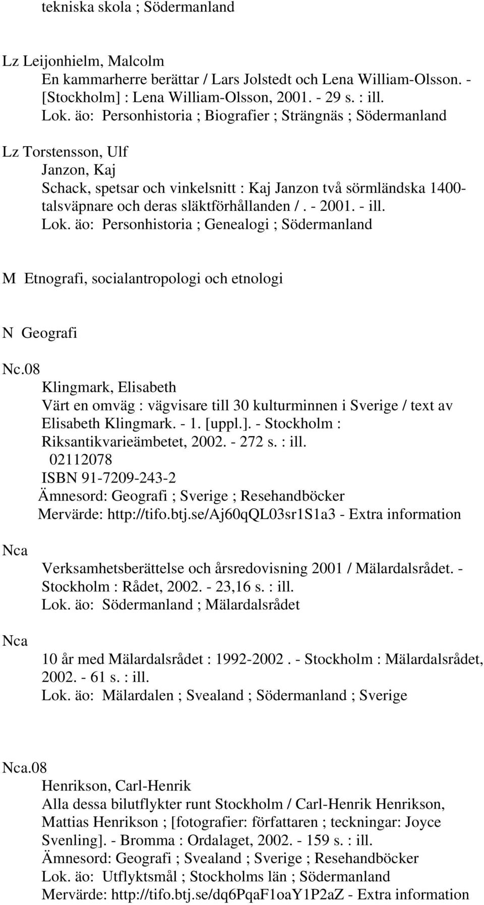 - 2001. - ill. Lok. äo: Personhistoria ; Genealogi ; Södermanland M Etnografi, socialantropologi och etnologi N Geografi Nc.