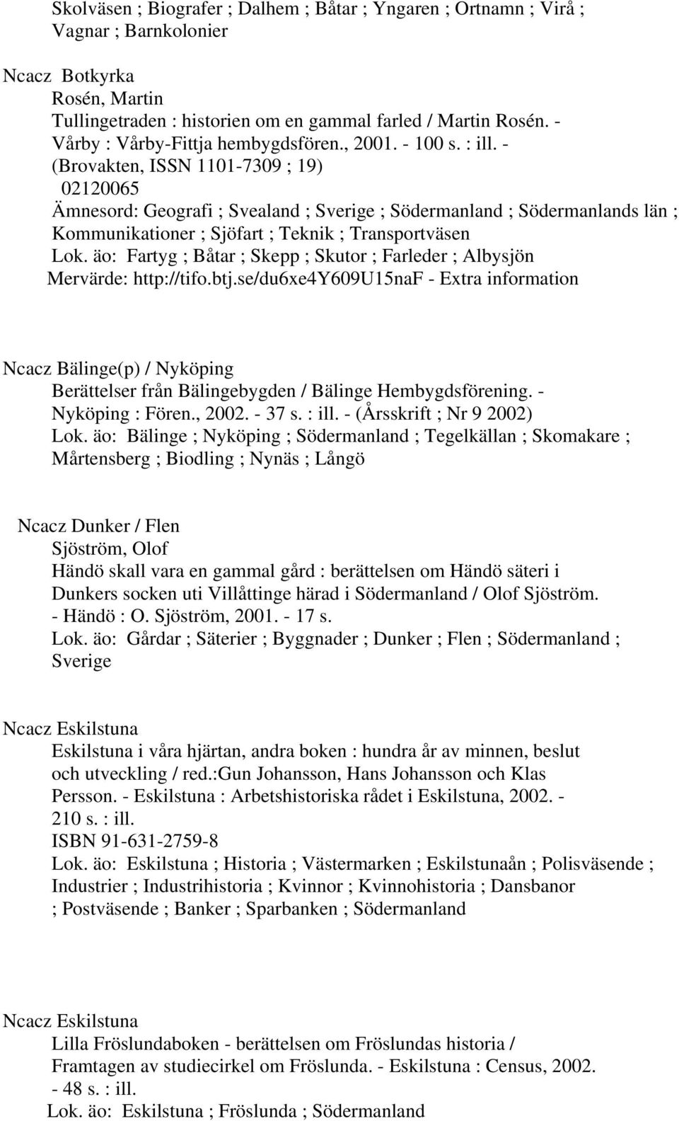 - (Brovakten, ISSN 1101-7309 ; 19) 02120065 Ämnesord: Geografi ; Svealand ; Sverige ; Södermanland ; Södermanlands län ; Kommunikationer ; Sjöfart ; Teknik ; Transportväsen Lok.