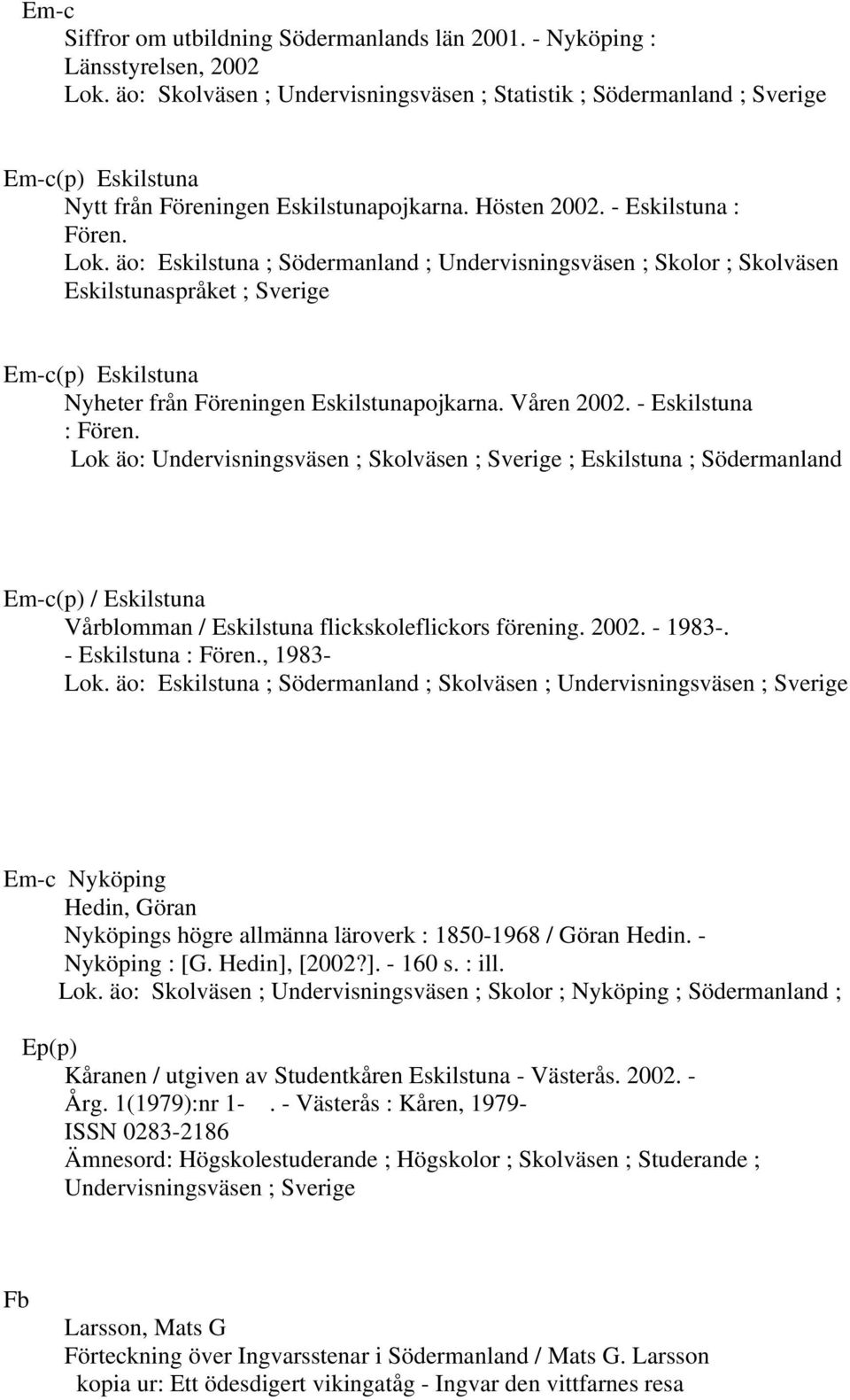 äo: Eskilstuna ; Södermanland ; Undervisningsväsen ; Skolor ; Skolväsen Eskilstunaspråket ; Sverige Em-c(p) Eskilstuna Nyheter från Föreningen Eskilstunapojkarna. Våren 2002. - Eskilstuna : Fören.