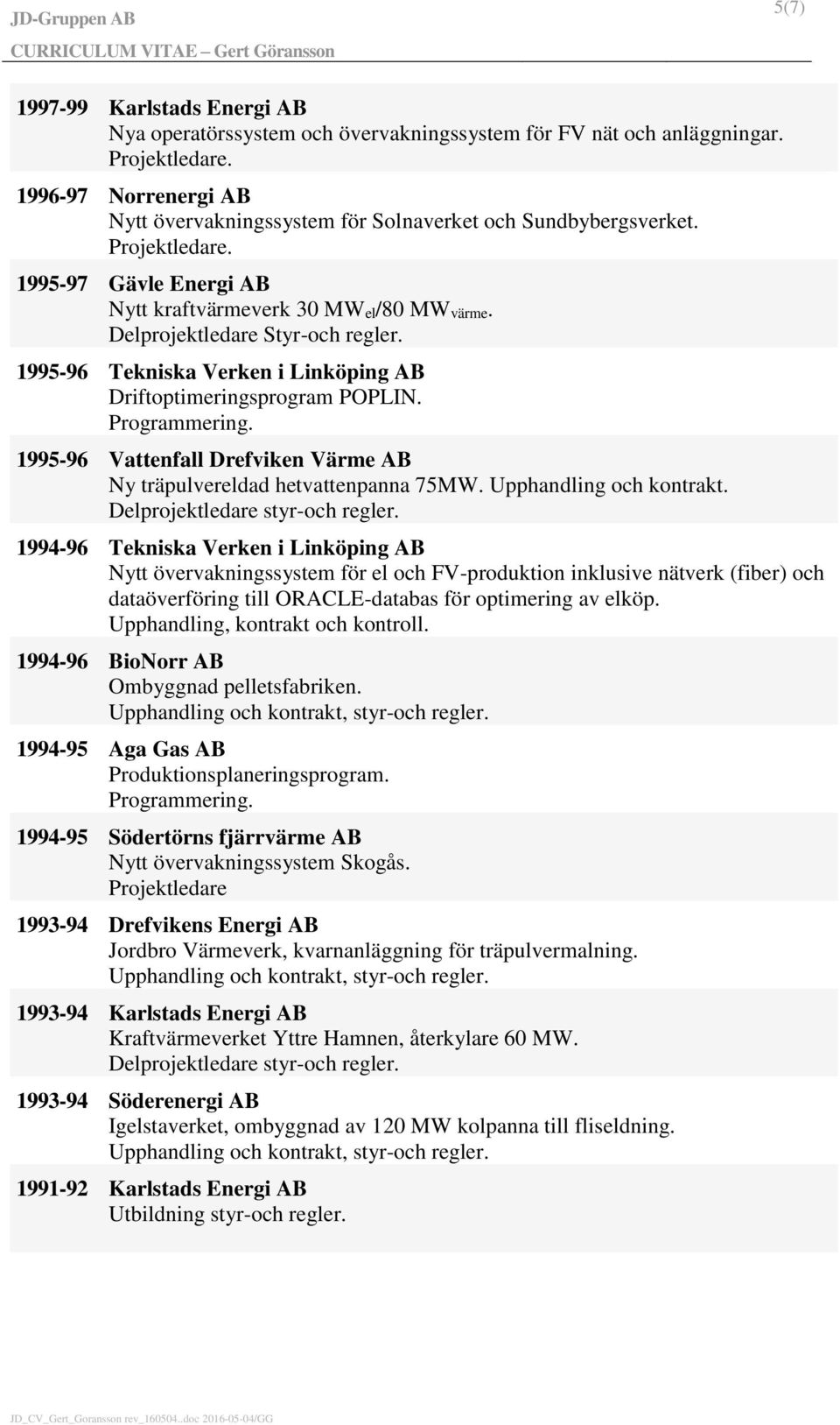 1995-96 Vattenfall Drefviken Värme AB Ny träpulvereldad hetvattenpanna 75MW. Upphandling och kontrakt.