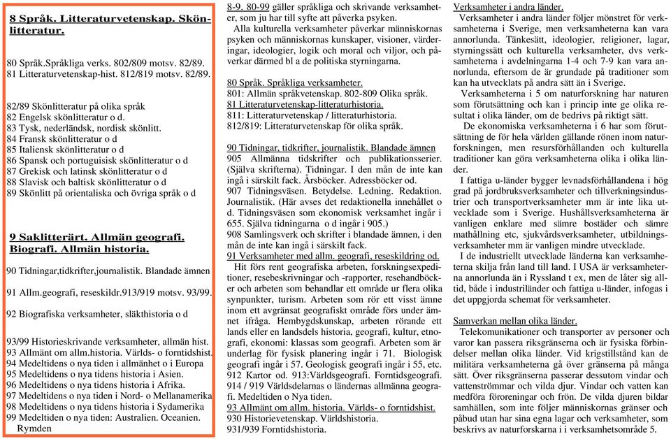 84 Fransk skönlitteratur o d 85 Italiensk skönlitteratur o d 86 Spansk och portuguisisk skönlitteratur o d 87 Grekisk och latinsk skönlitteratur o d 88 Slavisk och baltisk skönlitteratur o d 89