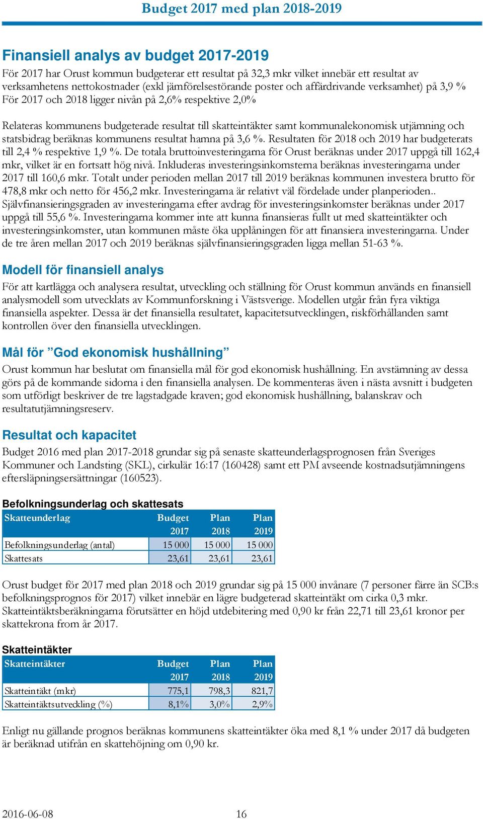 beräknas kommunens resultat hamna på 3,6 %. Resultaten för 2018 och 2019 har budgeterats till 2,4 % respektive 1,9 %.