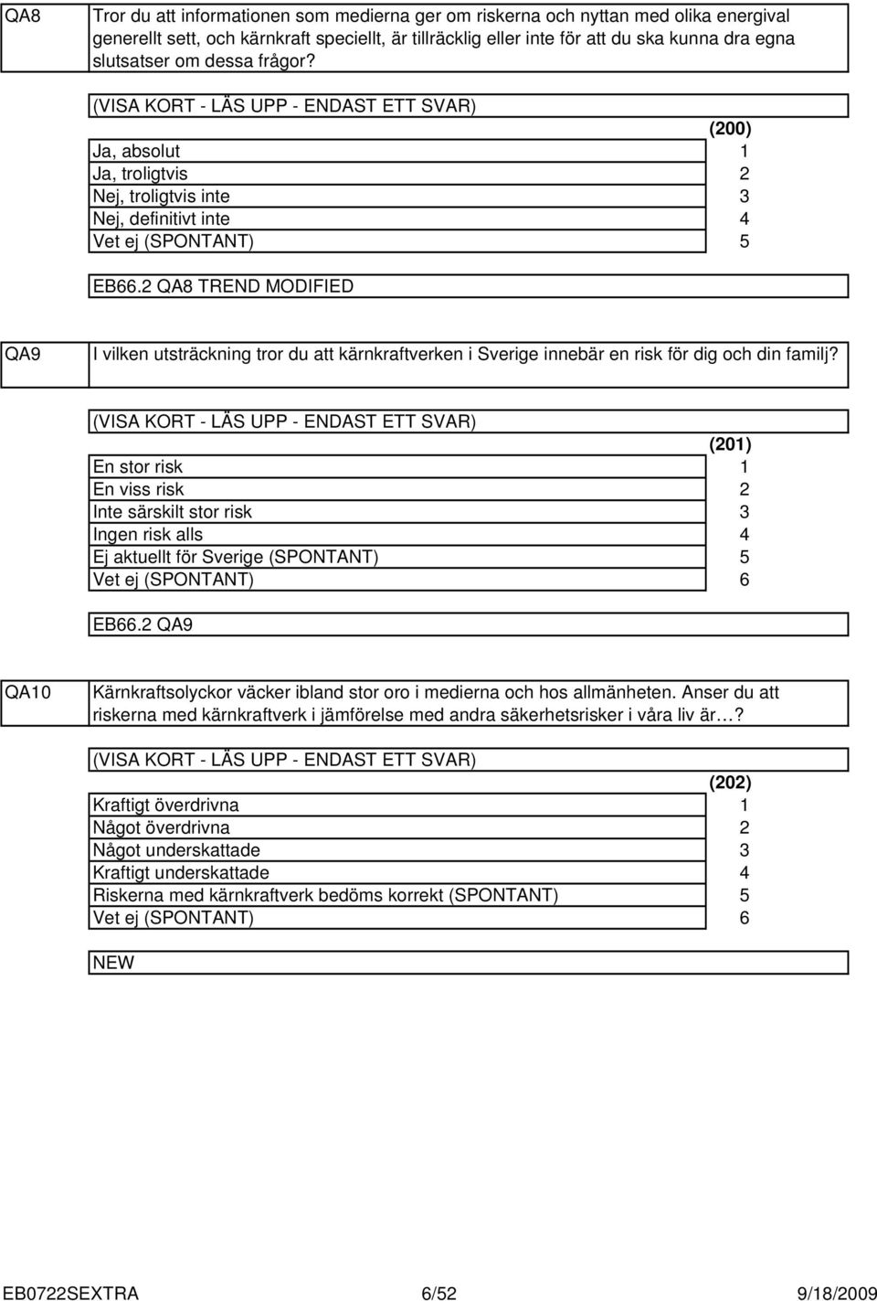 QA8 TREND MODIFIED QA9 I vilken utsträckning tror du att kärnkraftverken i Sverige innebär en risk för dig och din familj?