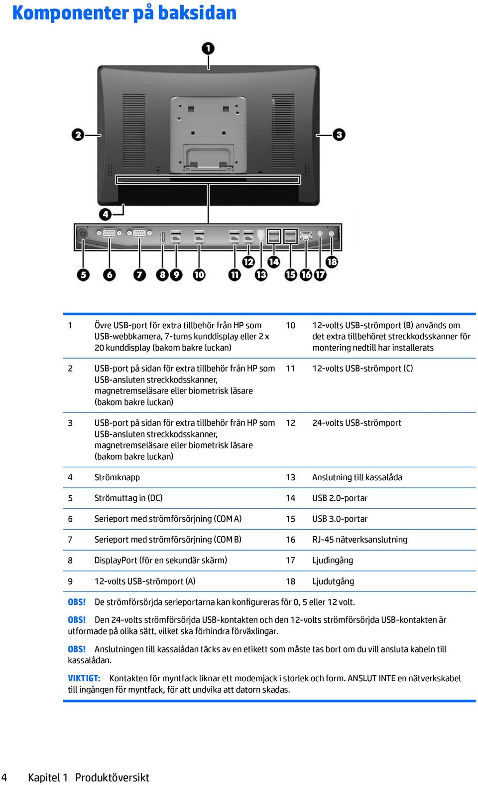 magnetremseläsare eller biometrisk läsare (bakom bakre luckan) 10 12-volts USB-strömport (B) används om det extra tillbehöret streckkodsskanner för montering nedtill har installerats 11 12-volts