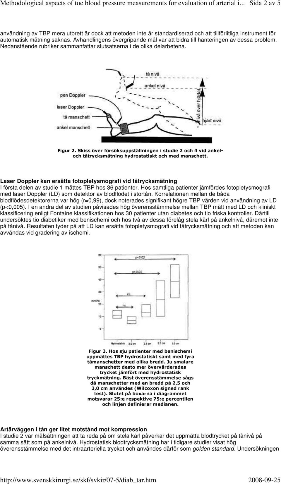 Skiss över försöksuppställningen i studie 2 och 4 vid ankeloch tåtrycksmätning hydrostatiskt och med manschett.