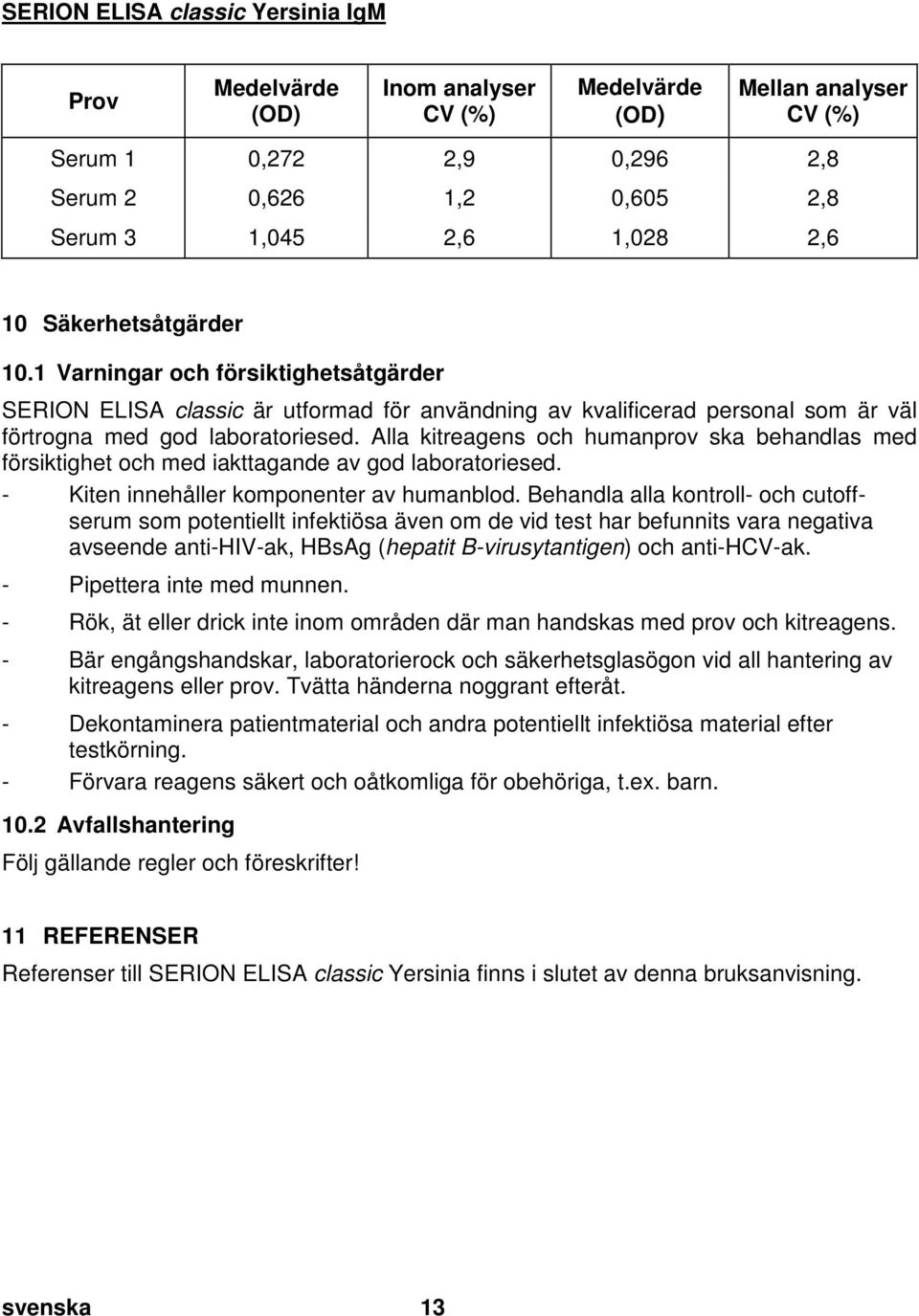 doc @ 59085 @ 1 SERION ELISA classic Yersinia IgM Prov Medelvärde (OD) Inom analyser CV (%) Medelvärde (OD) Mellan analyser CV (%) Serum 1 0,272 2,9 0,296 2,8 Serum 2 0,626 1,2 0,605 2,8 Serum 3