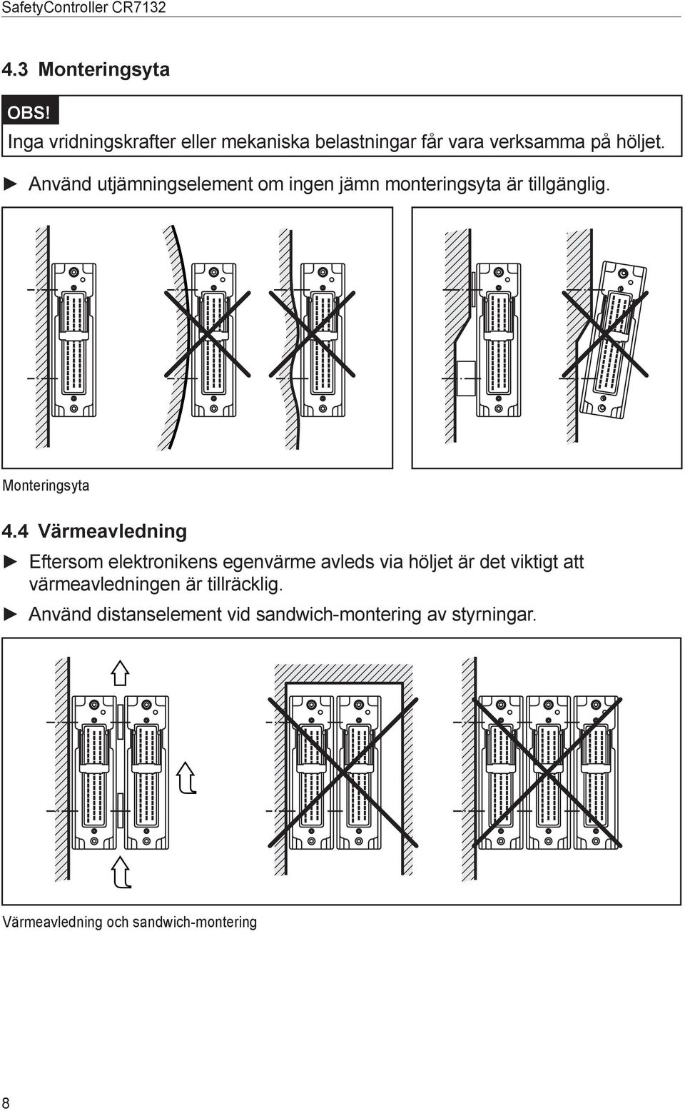 Använd utjämningselement om ingen jämn monteringsyta är tillgänglig. Monteringsyta 4.