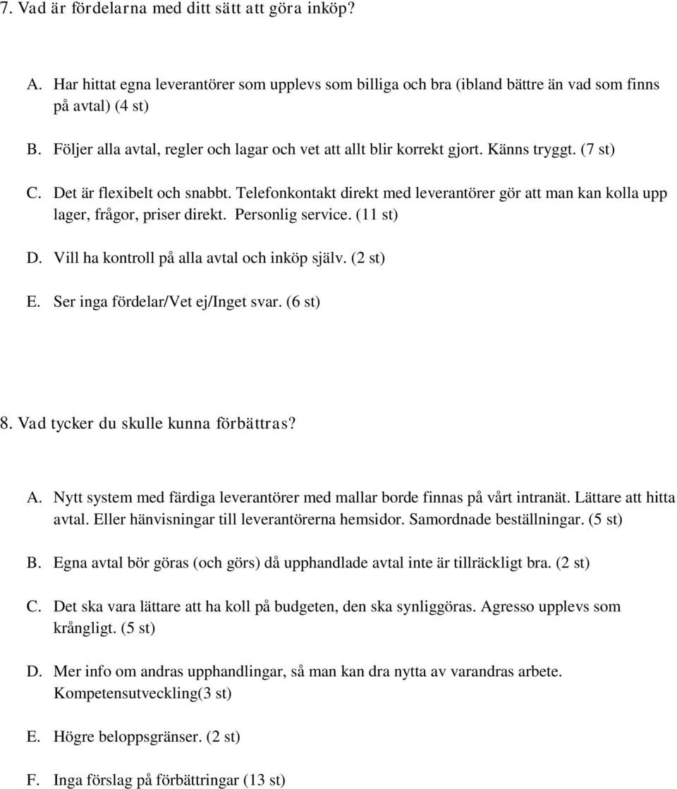 Telefonkontakt direkt med leverantörer gör att man kan kolla upp lager, frågor, priser direkt. Personlig service. (11 st) D. Vill ha kontroll på alla avtal och inköp själv. (2 st) E.