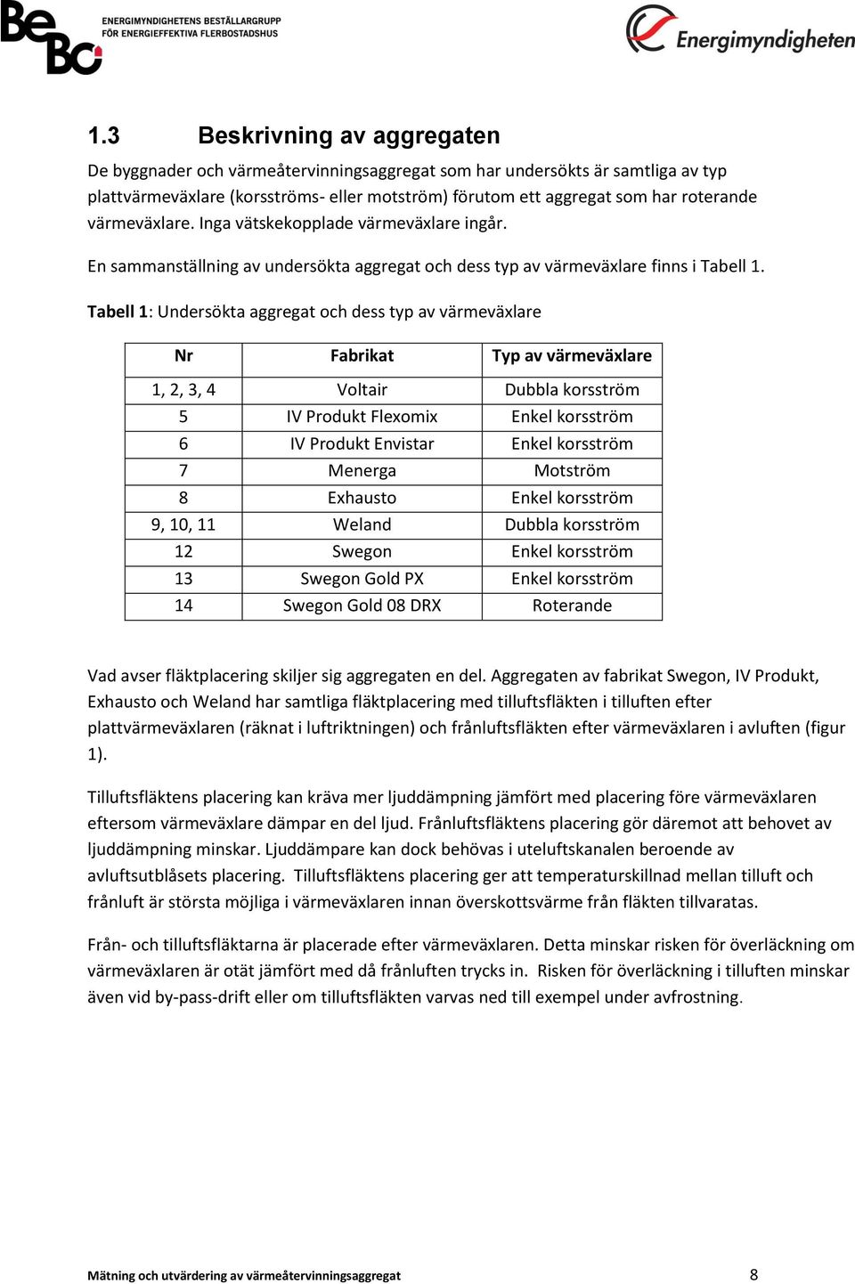 Tabell 1: Undersökta aggregat och dess typ av värmeväxlare Nr Fabrikat Typ av värmeväxlare 1, 2, 3, 4 Voltair Dubbla korsström 5 IV Produkt Flexomix Enkel korsström 6 IV Produkt Envistar Enkel