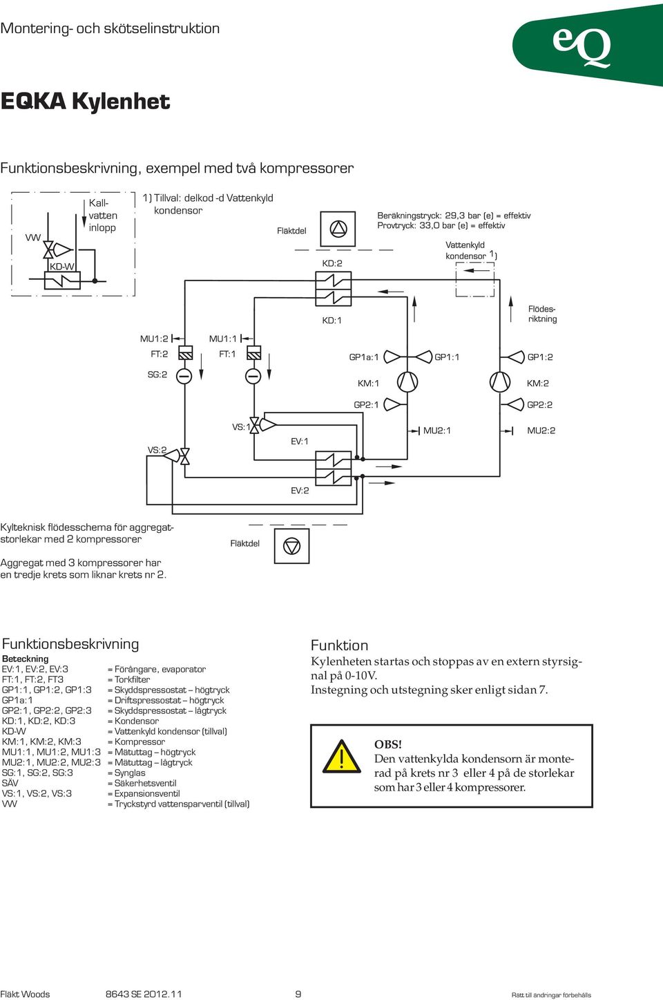 Funktionsbeskrivning Beteckning EV:, EV:, EV:3 = Förångare, evaporator FT:, FT:, FT3 = Torkfilter GP:, GP:, GP:3 = Skyddspressostat högtryck GPa: = Driftspressostat högtryck GP:, GP:, GP:3 =