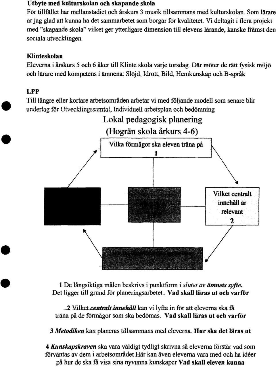 Vi deltagit i flera projekt med "skapande skola" vilket ger ytterligare dimension till elevens lärande, kanske främst den sociala utvecklingen.