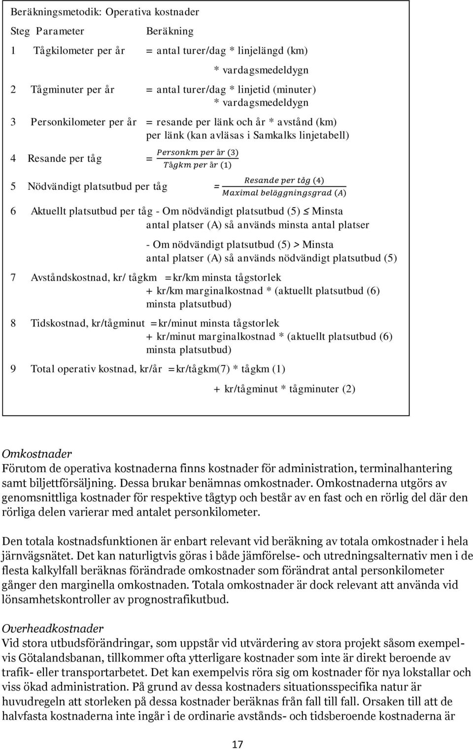 Nödvändigt platsutbud per tåg = Resande per tåg (4) Maximal beläggningsgrad (A) 6 Aktuellt platsutbud per tåg - Om nödvändigt platsutbud (5) Minsta antal platser (A) så används minsta antal platser -