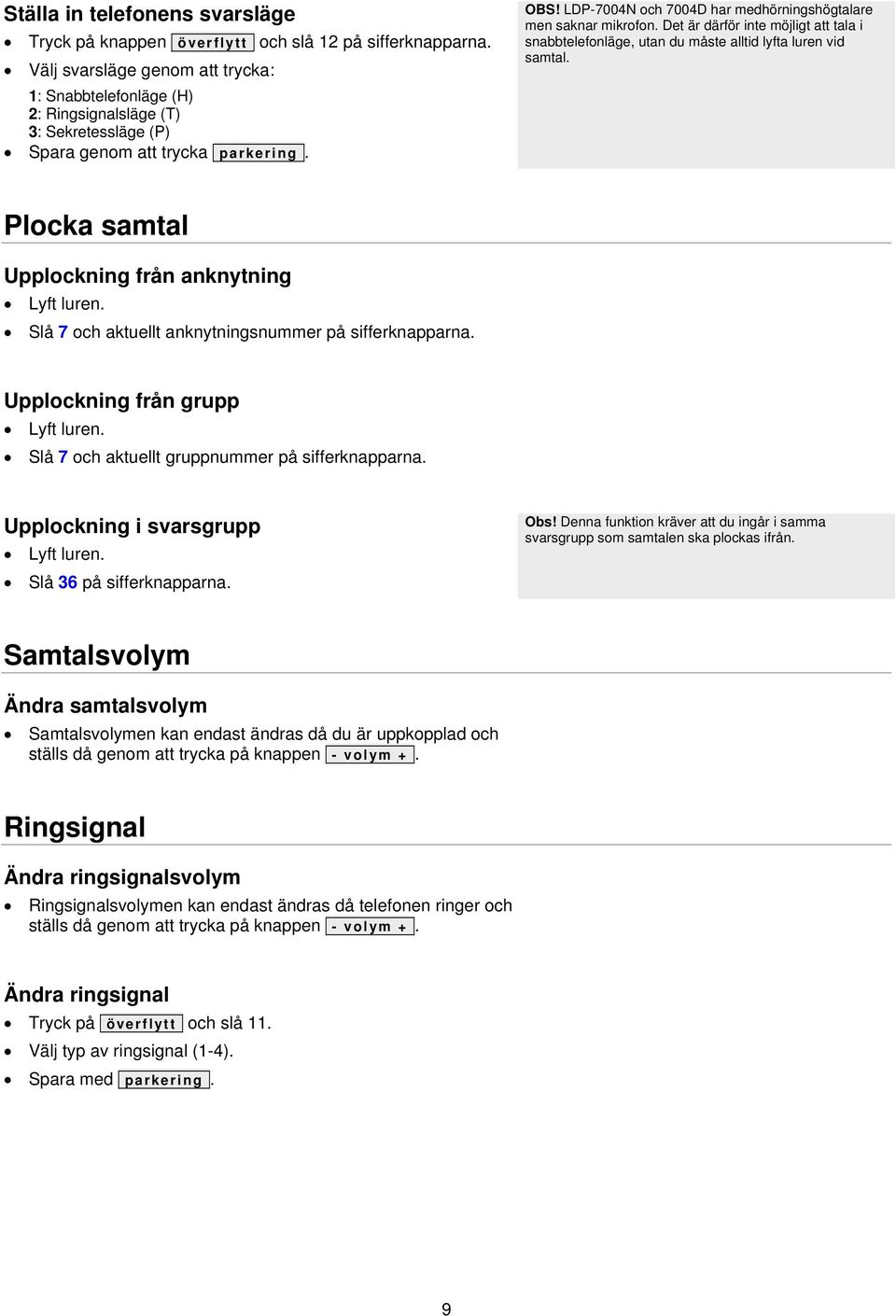 LDP-7004N och 7004D har medhörningshögtalare men saknar mikrofon. Det är därför inte möjligt att tala i snabbtelefonläge, utan du måste alltid lyfta luren vid samtal.