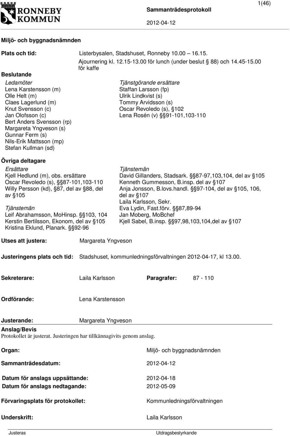 Revoledo (s), 102 Jan Olofsson (c) Lena Rosén (v) 91-101,103-110 Bert Anders Svensson (rp) Margareta Yngveson (s) Gunnar Ferm (s) Nils-Erik Mattsson (mp) Stefan Kullman (sd) Övriga deltagare