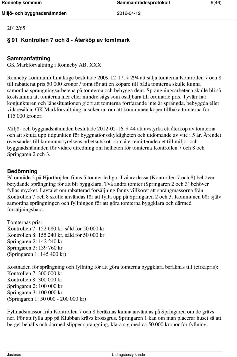 sprängningsarbetena på tomterna och bebygga dem. Sprängningsarbetena skulle bli så kostsamma att tomterna mer eller mindre sågs som osäljbara till ordinarie pris.