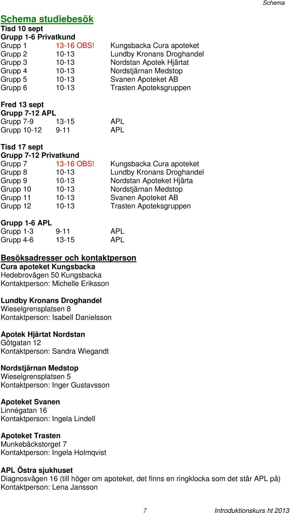 Apoteksgruppen Fred 13 sept Grupp 7-12 APL Grupp 7-9 13-15 APL Grupp 10-12 9-11 APL Tisd 17 sept Grupp 7-12 Privatkund Grupp 7 13-16 OBS!