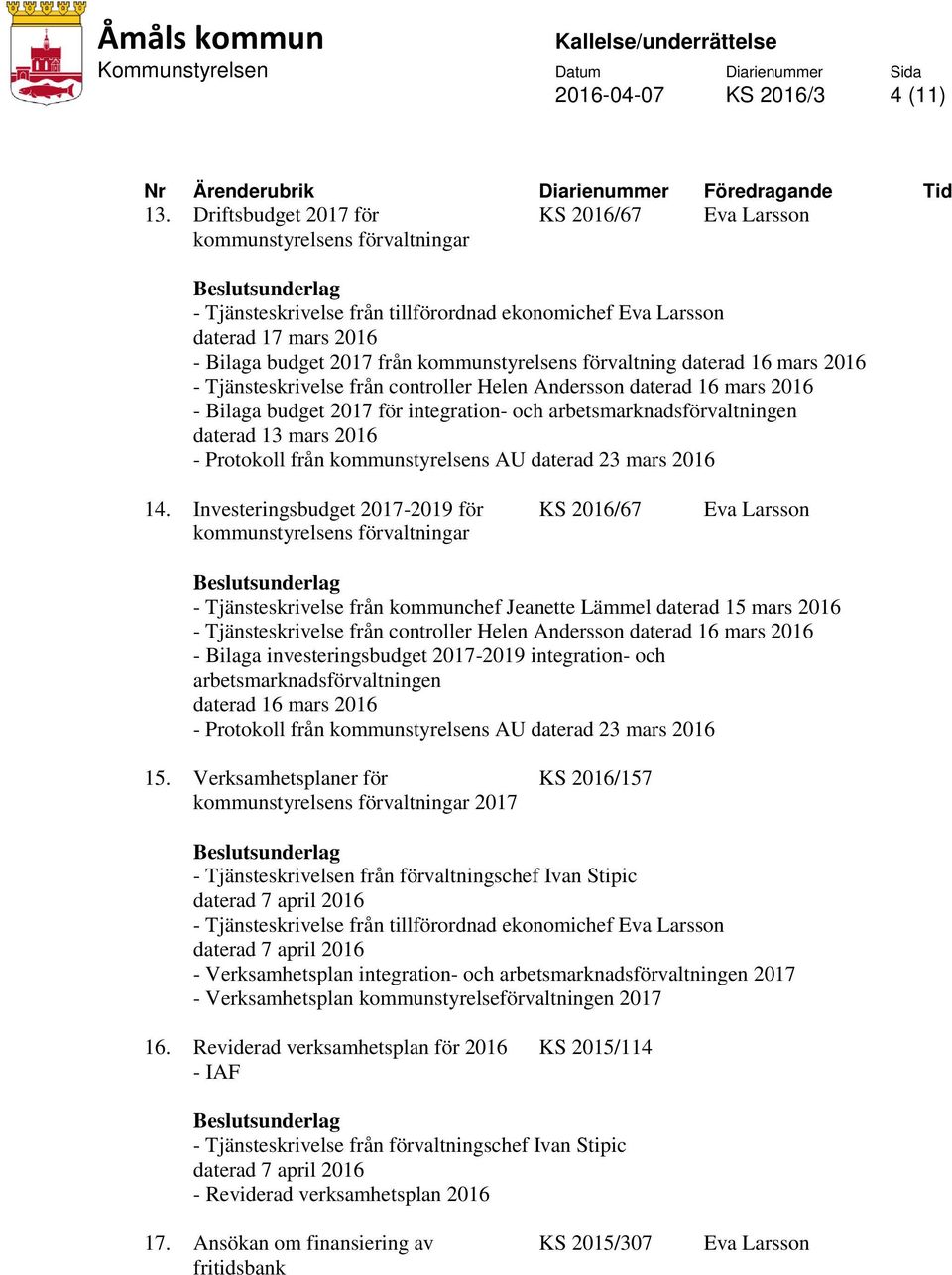 16 mars 2016 - Tjänsteskrivelse från controller Helen Andersson daterad 16 mars 2016 - Bilaga budget 2017 för integration- och arbetsmarknadsförvaltningen daterad 13 mars 2016 14.