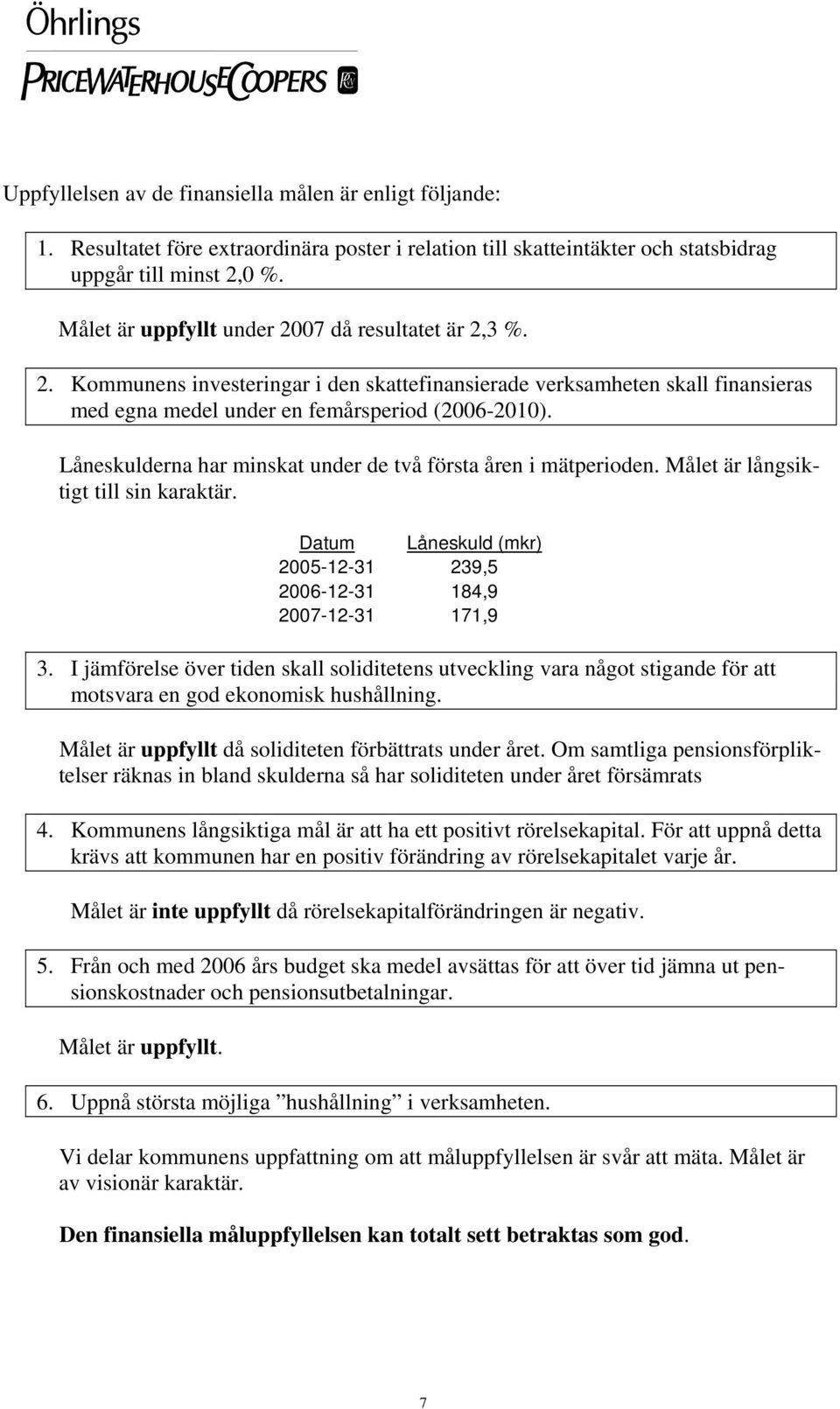 Låneskulderna har minskat under de två första åren i mätperioden. Målet är långsiktigt till sin karaktär. Datum Låneskuld (mkr) 2005-12-31 239,5 2006-12-31 184,9 2007-12-31 171,9 3.