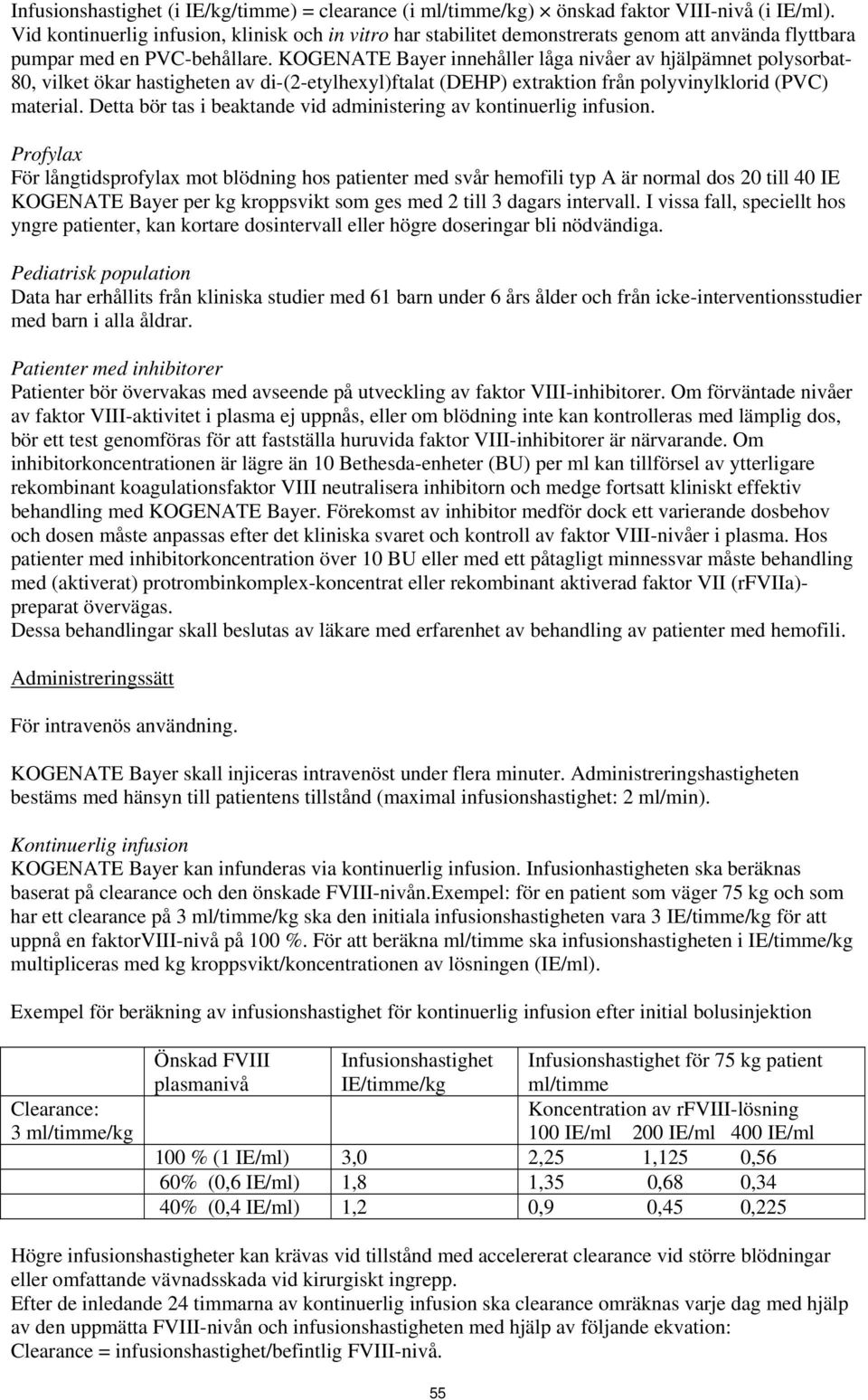 KOGENATE Bayer innehåller låga nivåer av hjälpämnet polysorbat- 80, vilket ökar hastigheten av di-(2-etylhexyl)ftalat (DEHP) extraktion från polyvinylklorid (PVC) material.