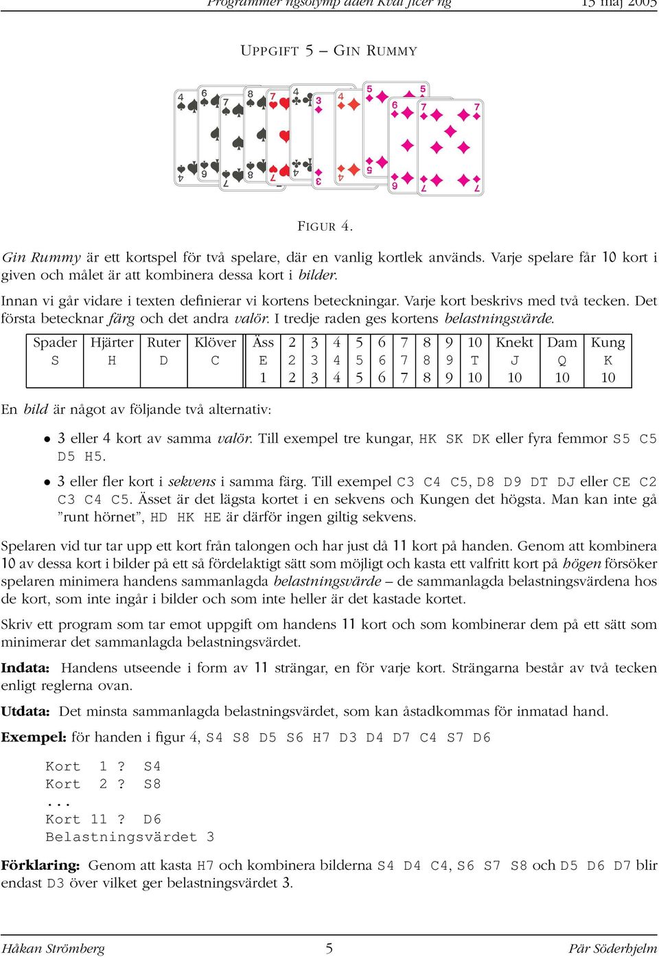 Spader Hjärter Ruter Klöver Äss 2 3 4 5 6 7 8 9 10 Knekt Dam Kung S H D C E 2 3 4 5 6 7 8 9 T J Q K 1 2 3 4 5 6 7 8 9 10 10 10 10 En bild är något av följande två alternativ: 3 eller 4 kort av samma