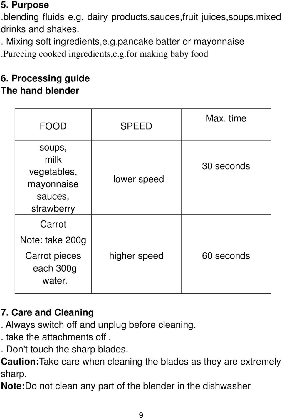 Processing guide The hand blender FOOD soups, milk vegetables, mayonnaise sauces, strawberry Carrot Note: take 200g Carrot pieces each 300g water.