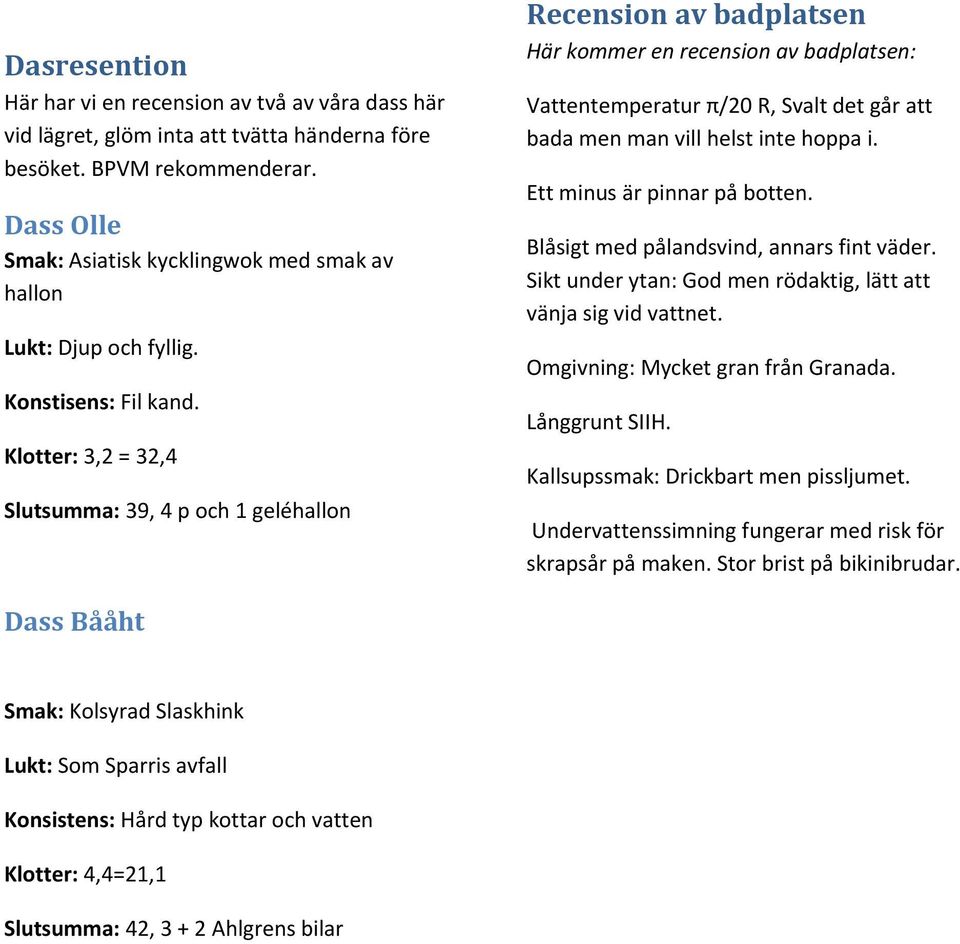 Klotter: 3,2 = 32,4 Slutsumma: 39, 4 p och 1 geléhallon Recension av badplatsen Här kommer en recension av badplatsen: Vattentemperatur π/20 R, Svalt det går att bada men man vill helst inte hoppa i.