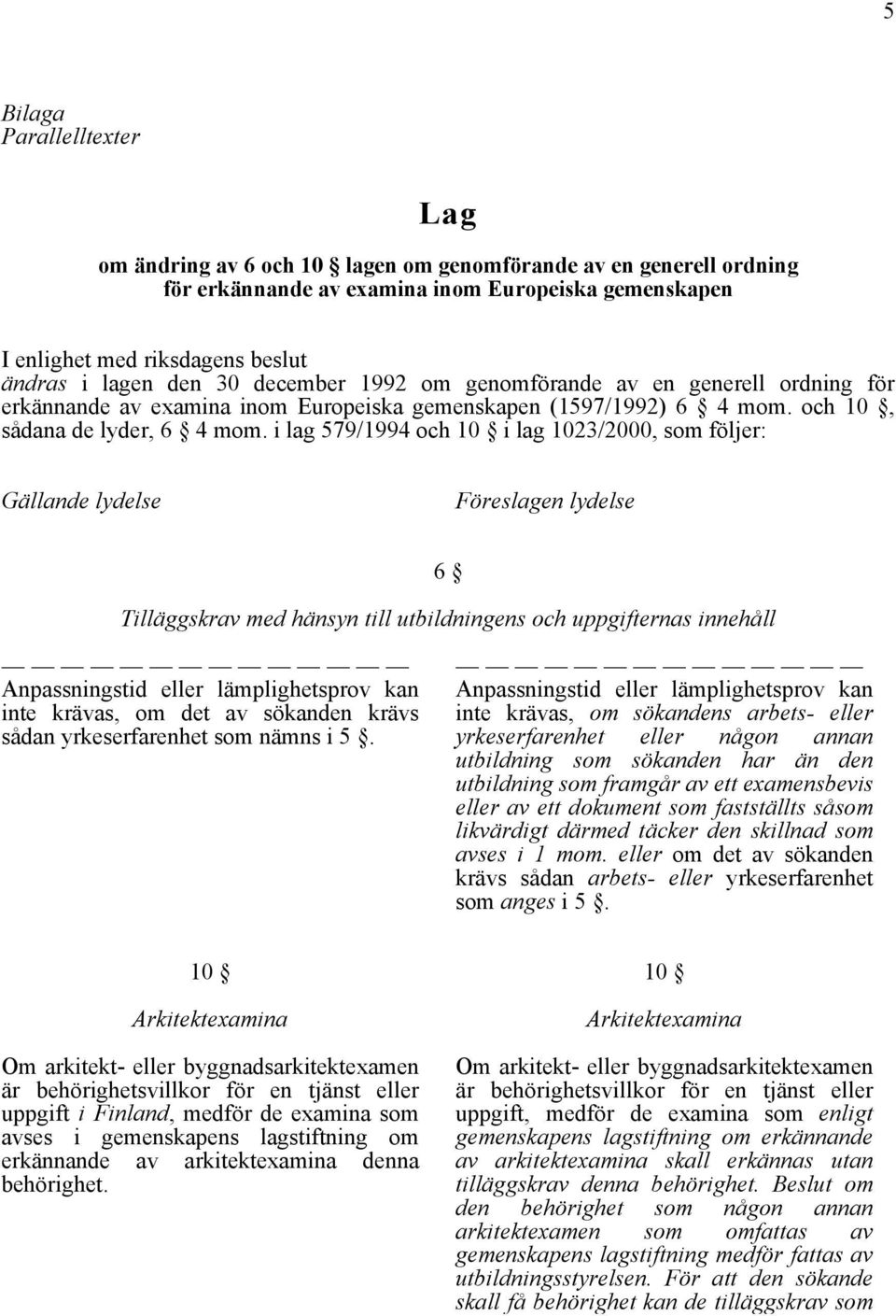 i lag 579/1994 och 10 i lag 1023/2000, som följer: Gällande lydelse Föreslagen lydelse 6 Tilläggskrav med hänsyn till utbildningens och uppgifternas innehåll Anpassningstid eller lämplighetsprov kan