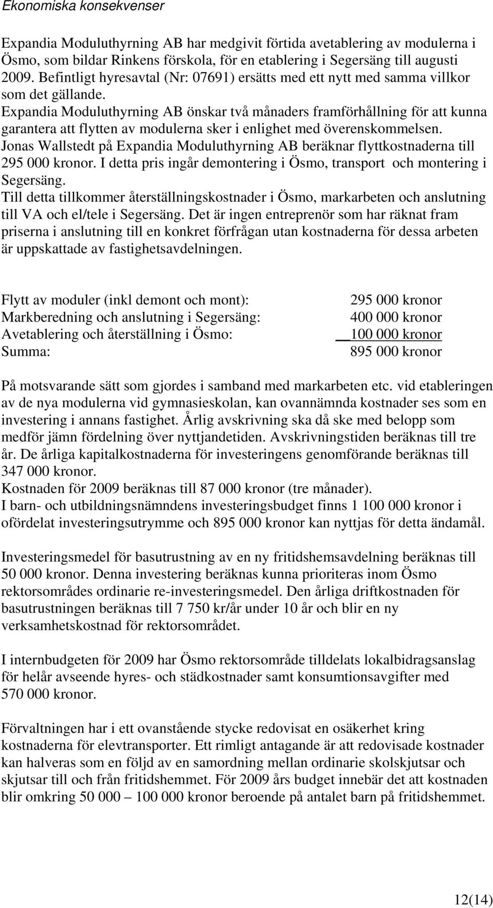 Expandia Moduluthyrning AB önskar två månaders framförhållning för att kunna garantera att flytten av modulerna sker i enlighet med överenskommelsen.