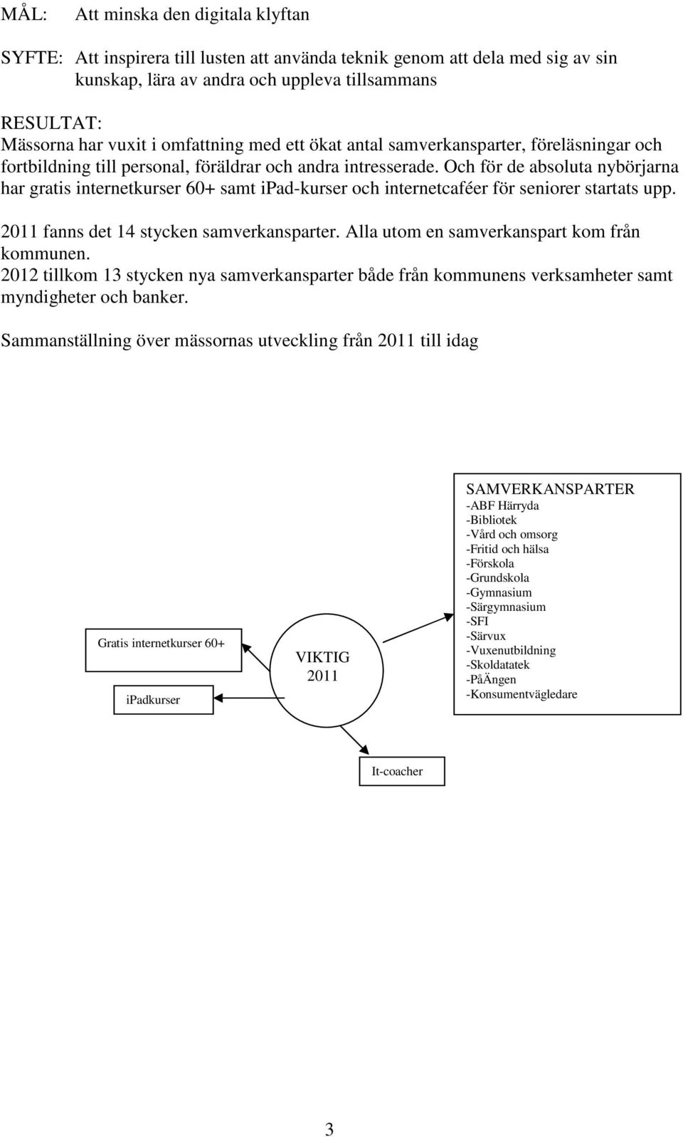 Och för de absoluta nybörjarna har gratis internetkurser 60+ samt ipad-kurser och internetcaféer för seniorer startats upp. 2011 fanns det 14 stycken samverkansparter.