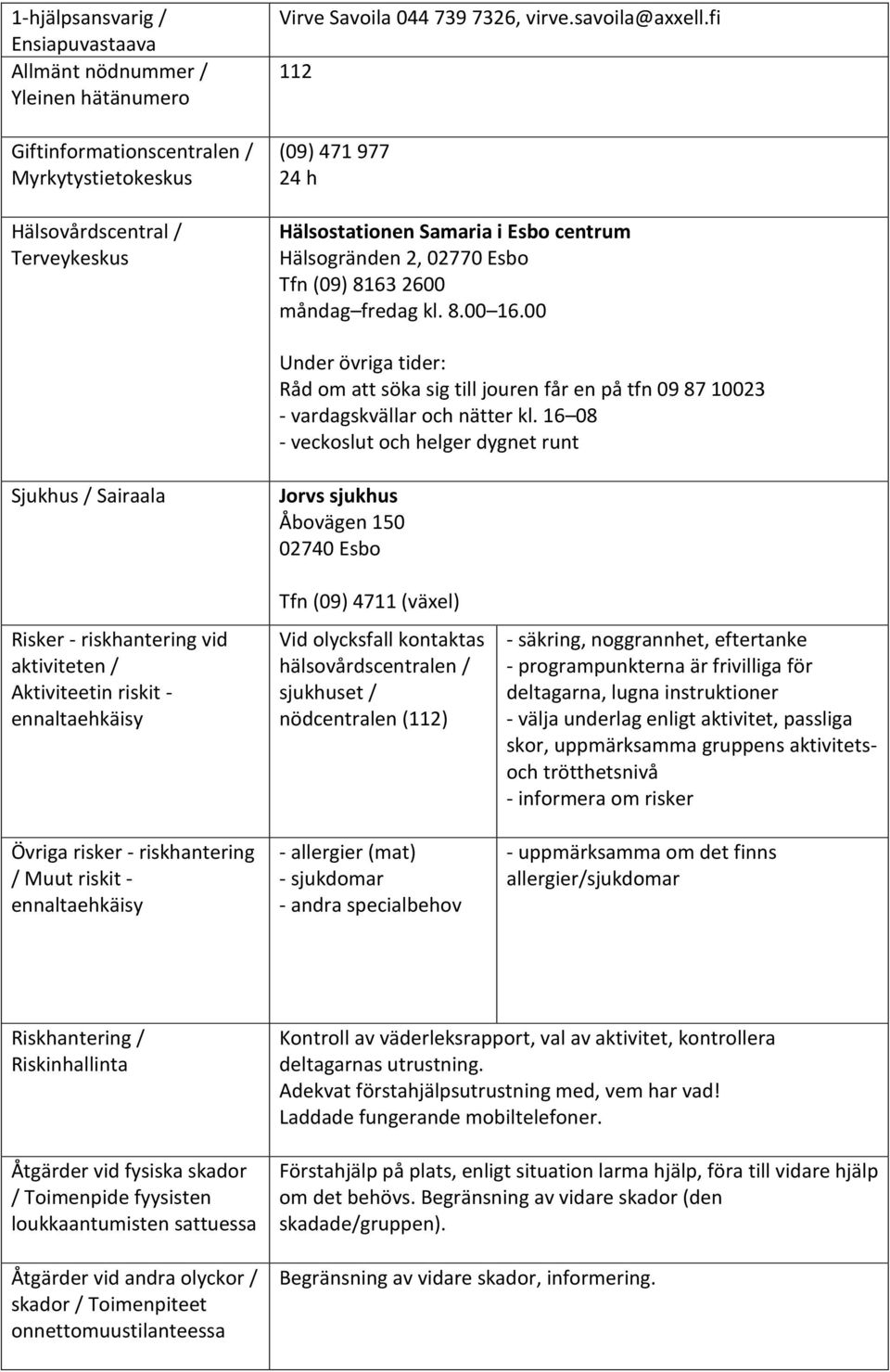 00 Under övriga tider: Råd om att söka sig till jouren får en på tfn 09 87 10023 - vardagskvällar och nätter kl.