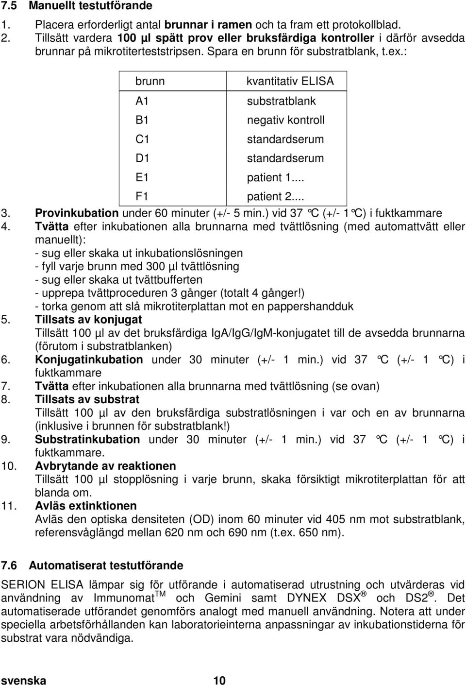 doc @ 27535 @ 2 7.5 Manuellt testutförande 1. Placera erforderligt antal brunnar i ramen och ta fram ett protokollblad. 2. Tillsätt vardera 100 µl spätt prov eller bruksfärdiga kontroller i därför avsedda brunnar på mikrotiterteststripsen.