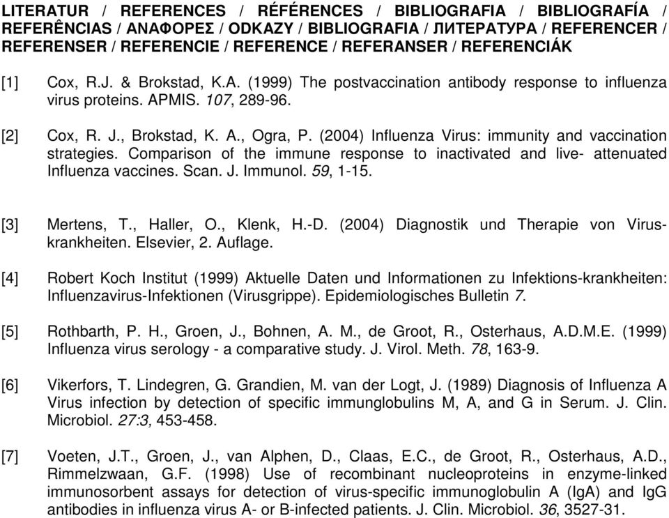 (2004) Influenza Virus: immunity and vaccination strategies. Comparison of the immune response to inactivated and live- attenuated Influenza vaccines. Scan. J. Immunol. 59, 1-15. [3] Mertens, T.