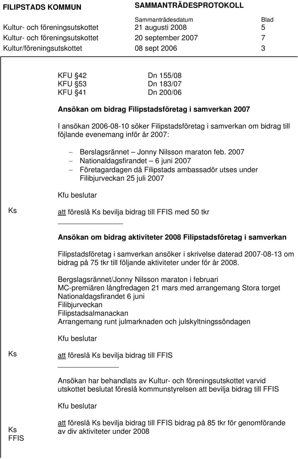 2007 Nationaldagsfirandet 6 juni 2007 Företagardagen då Filipstads ambassadör utses under Filibjurveckan 25 juli 2007 Kfu beslutar Ks att föreslå Ks bevilja bidrag till FFIS med 50 tkr Ansökan om