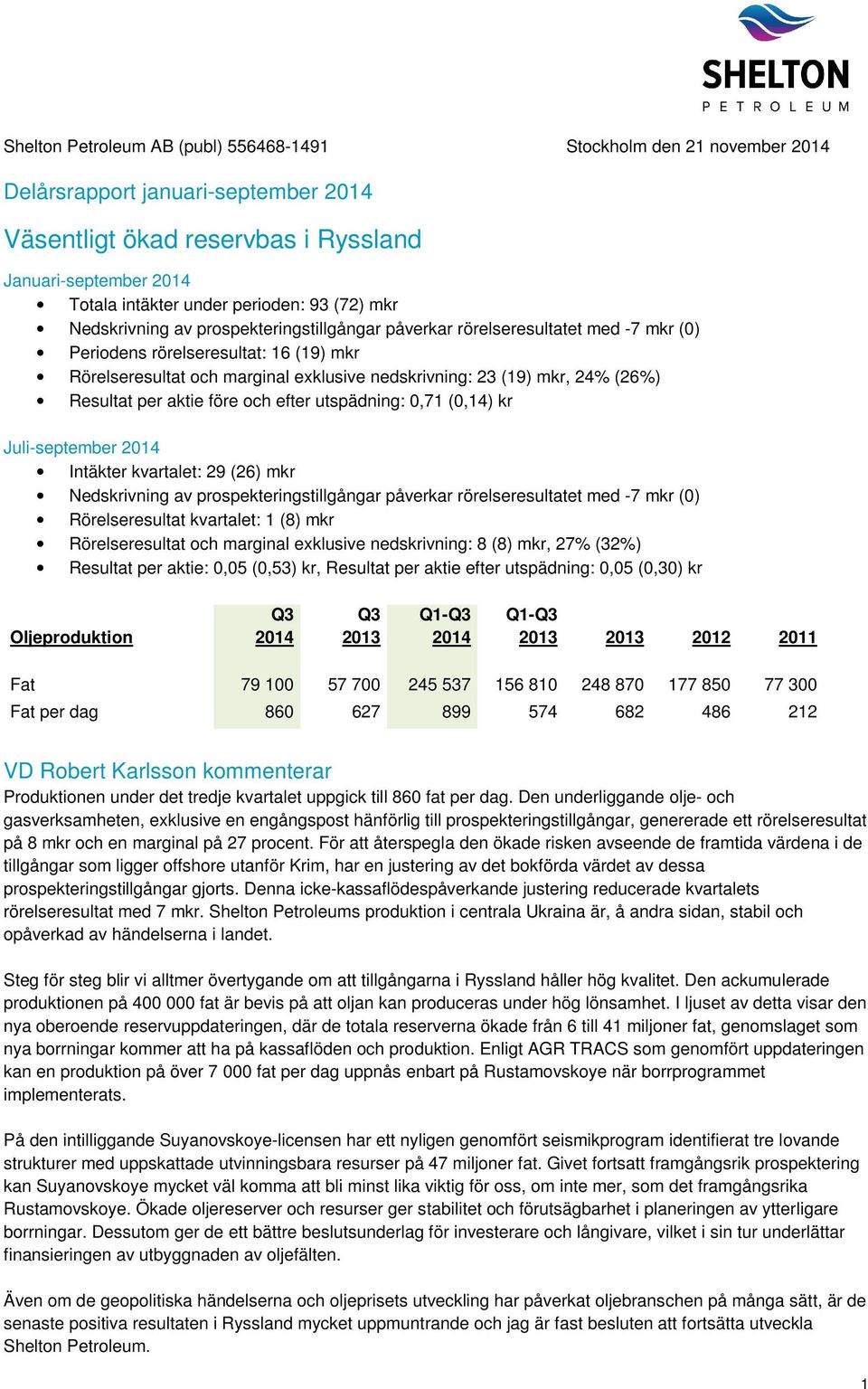 24% (26%) Resultat per aktie före och efter utspädning: 0,71 (0,14) kr Juli-september 2014 Intäkter kvartalet: 29 (26) mkr Nedskrivning av prospekteringstillgångar påverkar rörelseresultatet med -7