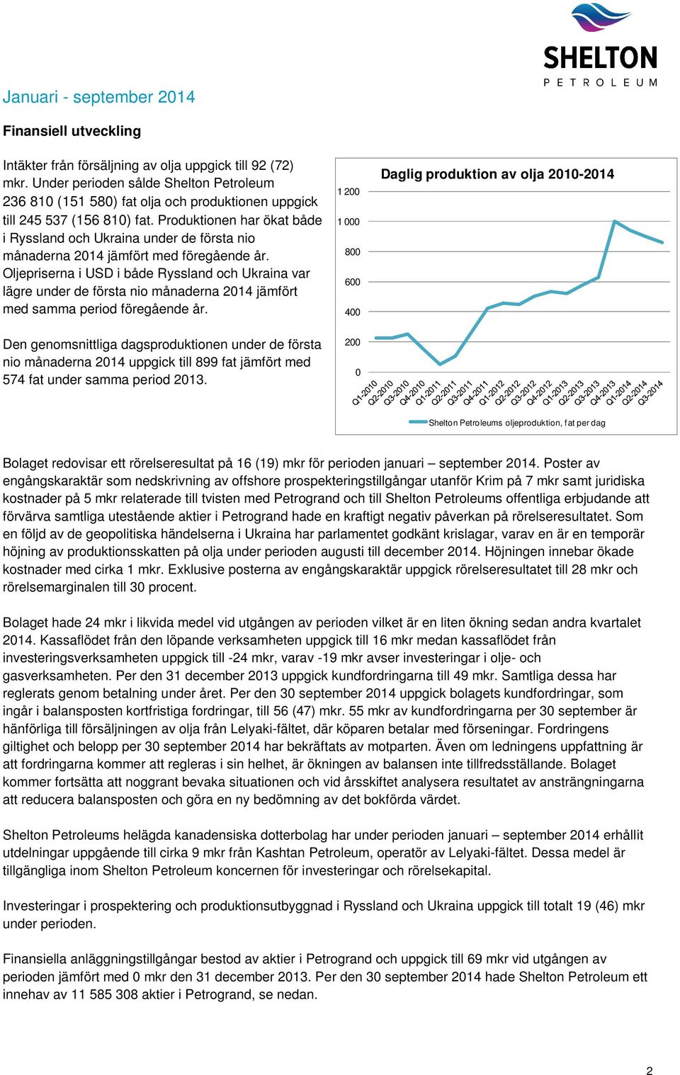 Produktionen har ökat både i Ryssland och Ukraina under de första nio månaderna 2014 jämfört med föregående år.