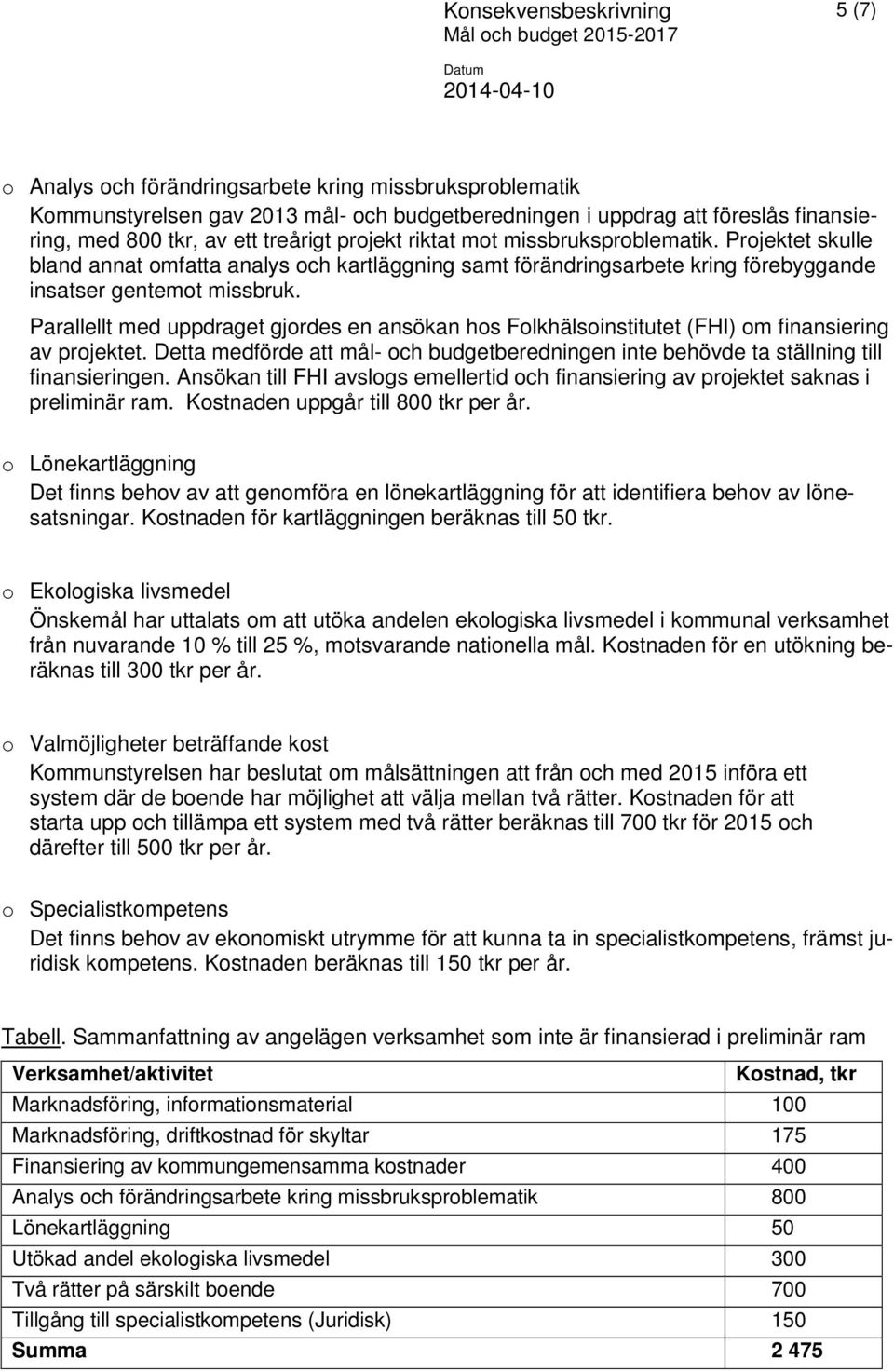 Projektet skulle bland annat omfatta analys och kartläggning samt förändringsarbete kring förebyggande insatser gentemot missbruk.