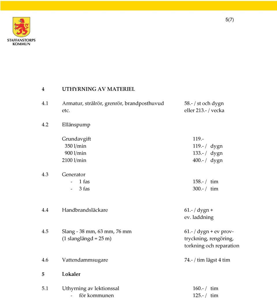 - / tim 300.- / tim 4.4 Handbrandsläckare 61.- / dygn + ev. laddning 4.5 Slang - 38 mm, 63 mm, 76 mm (1 slanglängd = 25 m) 61.