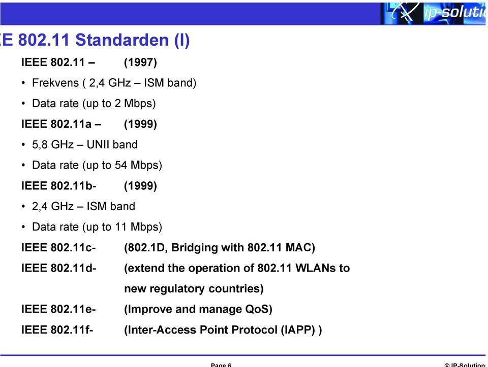 11b- (1999) 2,4 GHz ISM band Data rate (up to 11 Mbps) IEEE 802.11c- (802.1D, Bridging with 802.