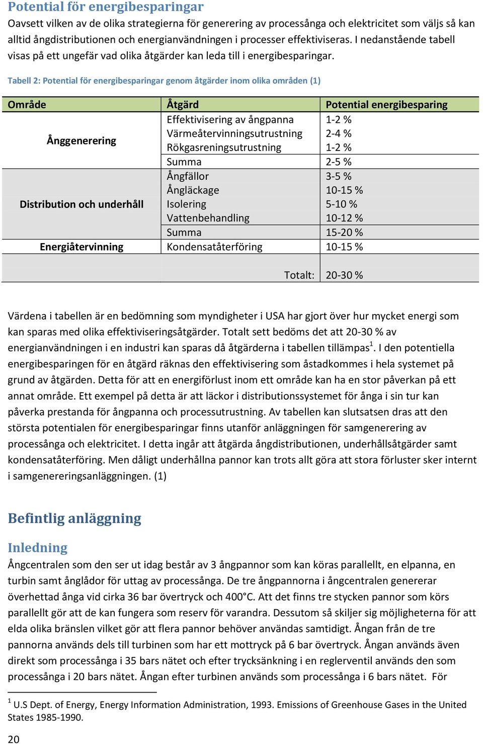 Tabell 2: Potential för energibesparingar genom åtgärder inom olika områden (1) Område Åtgärd Potential energibesparing Effektivisering av ångpanna 1-2 % Ånggenerering Värmeåtervinningsutrustning 2-4