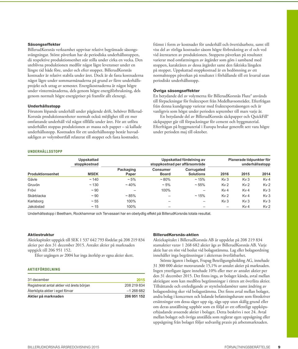 Den uteblivna produktionen medför något lägre leveranser under en längre tid både före, under och efter stoppet. BillerudKorsnäs kostnader är relativt stabila under året.