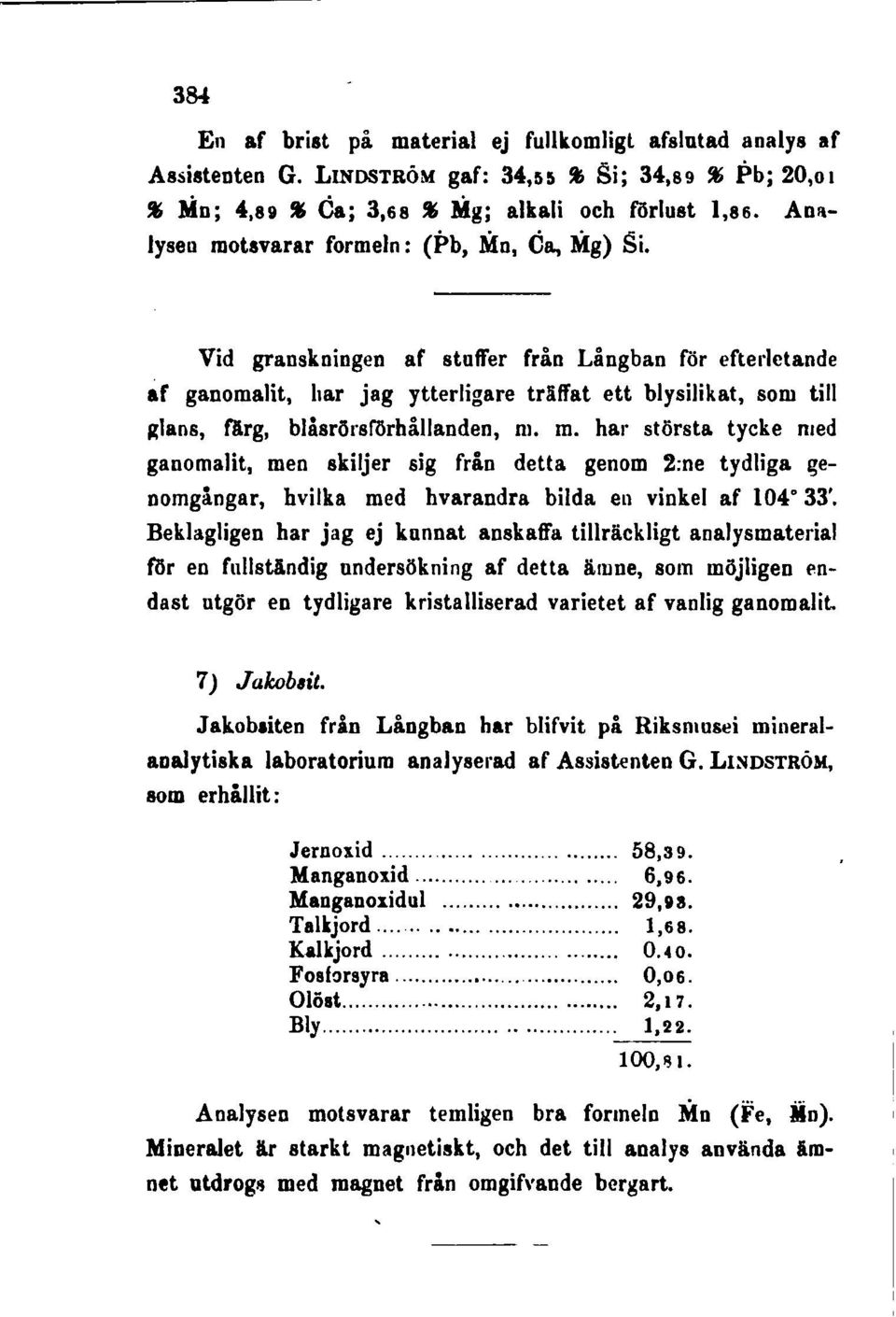 Vid granskningen af stuffer från Långban för efterletande af ganomalit, har jag ytterligare träffat ett blysilikat, som till "lans, färg, blåsrörsförhållanden, m.