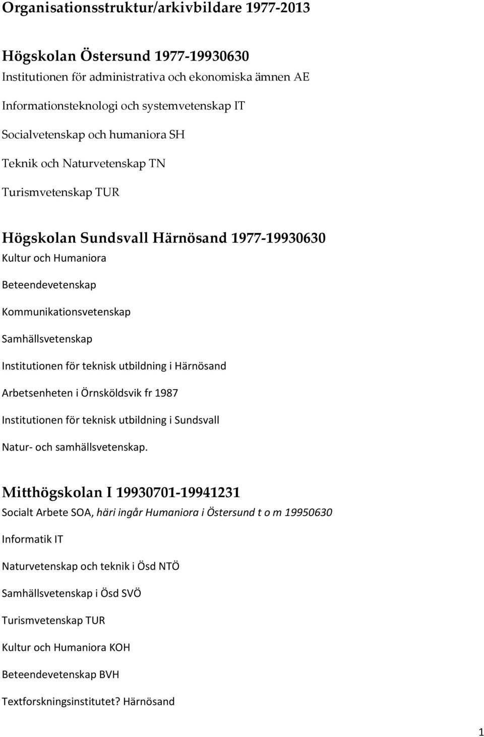 Institutionen för teknisk utbildning i Härnösand Arbetsenheten i Örnsköldsvik fr 1987 Institutionen för teknisk utbildning i Sundsvall Natur- och samhällsvetenskap.